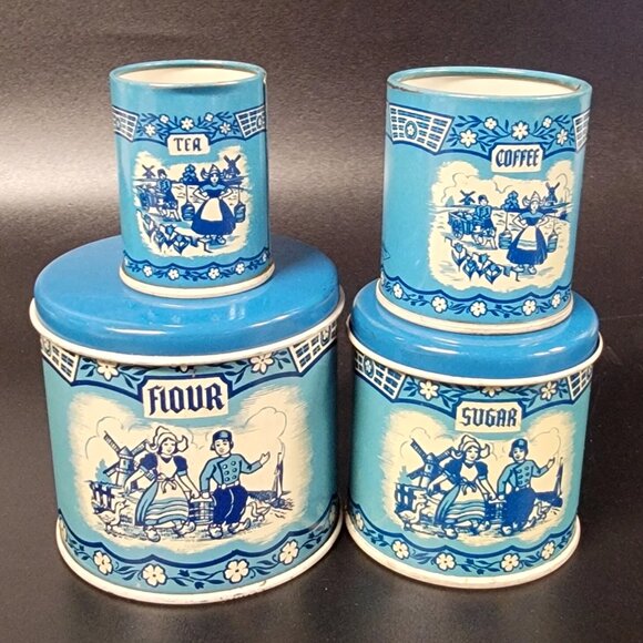 VTG 40s Childs Wolverine Delft 4 pc Canister Set USA Very Clean - Picture 1 of 16